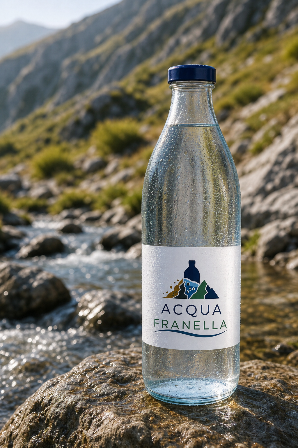 Bottiglia realistica Acqua Franella in un torrente di montagna