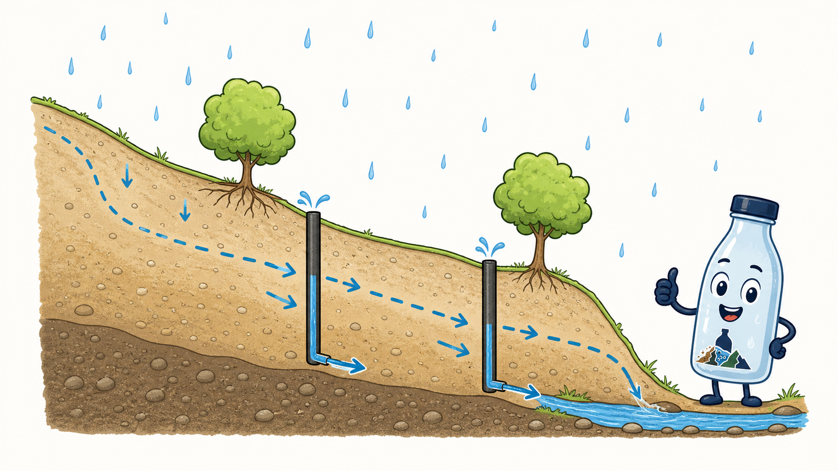 Disegno semplice di un versante con pozzi drenanti che raccolgono l'acqua