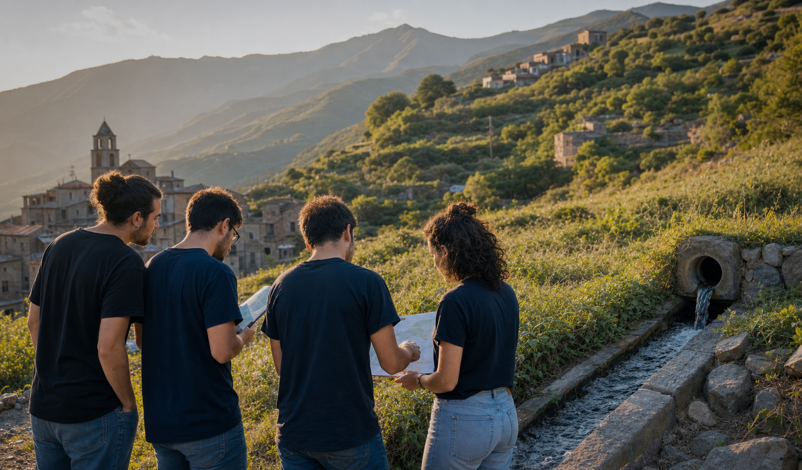 Ragazzi universitari osservano un drenaggio su un versante vicino a un paese