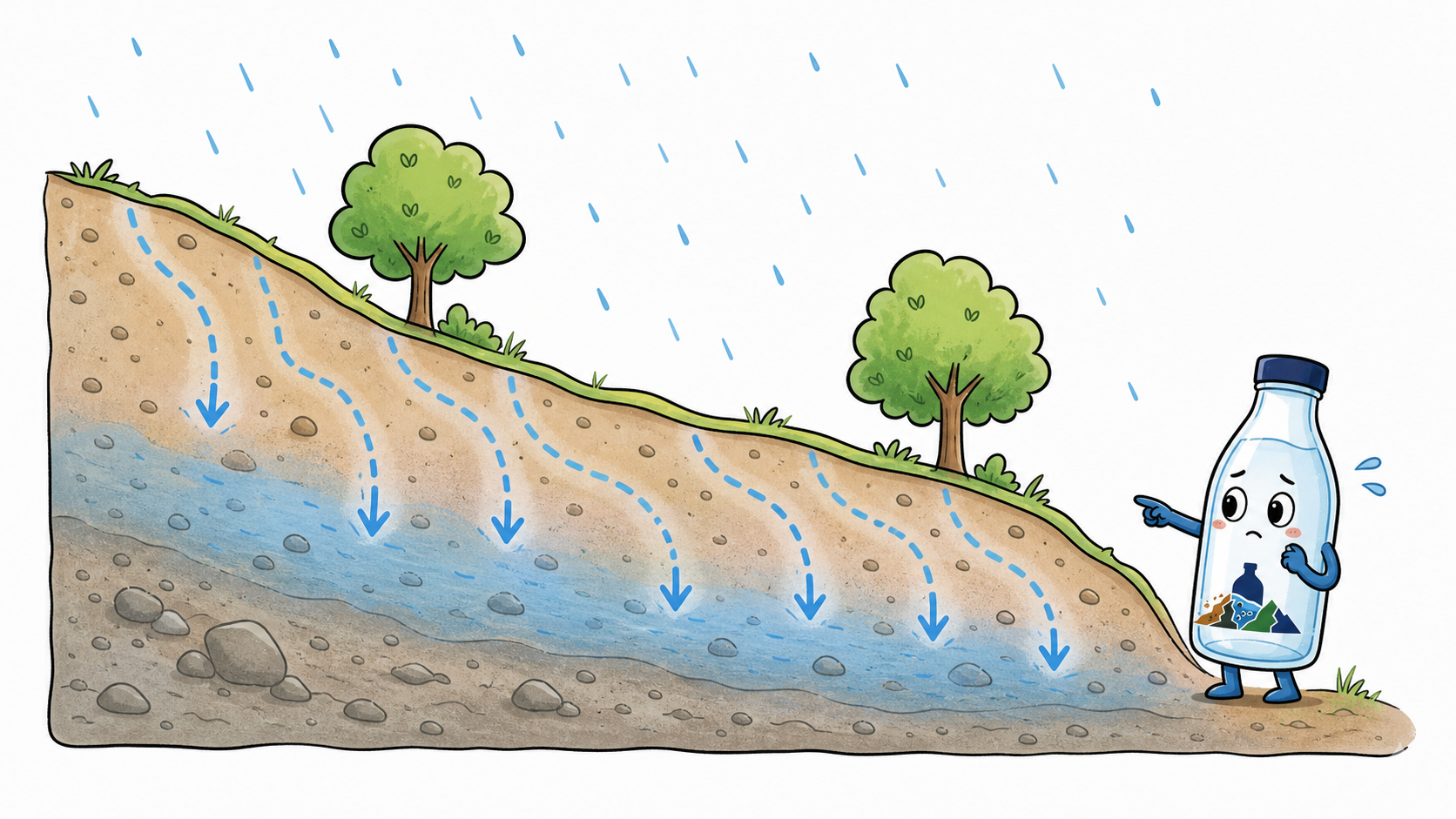 Disegno semplice di un versante senza pozzi drenanti, con l'acqua che rimane nel terreno